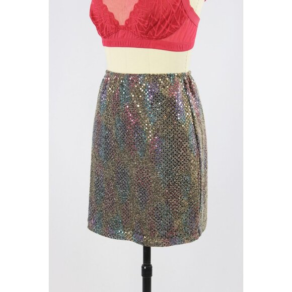 FREDERICK'S OF HOLLYWOOD Black Rainbow Stretch Sequin Mini Slip Skirt, Size M - Picture 5 of 13